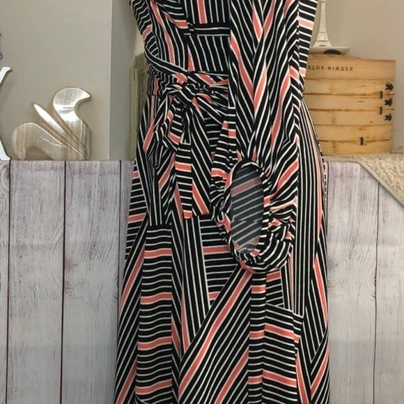 Donna Ricco sz 2 Striped Panel Faux Wrap Dress - Picture 4 of 13